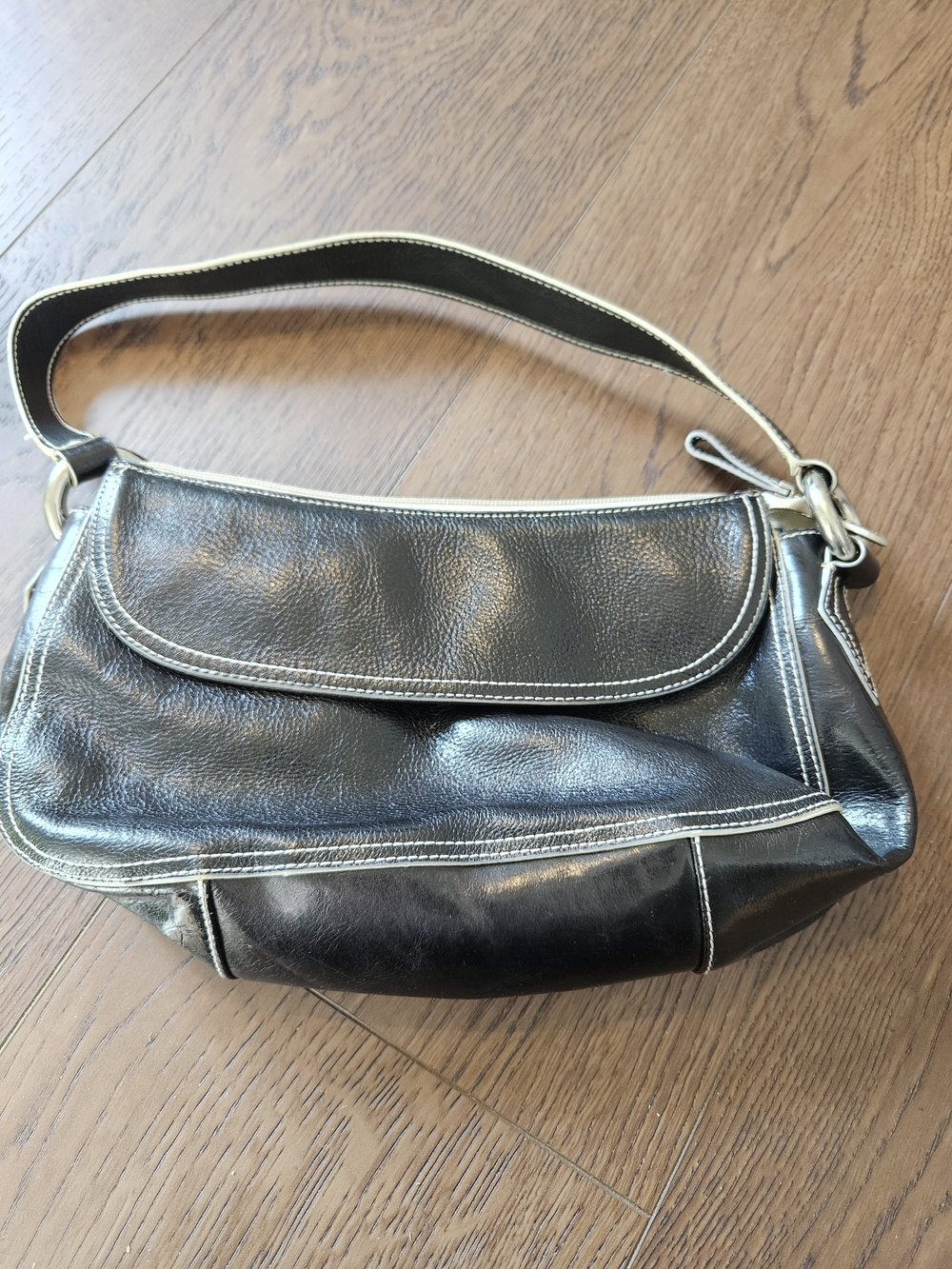 Franco Sarto Black Leather Shoulder Bag with White Stitching